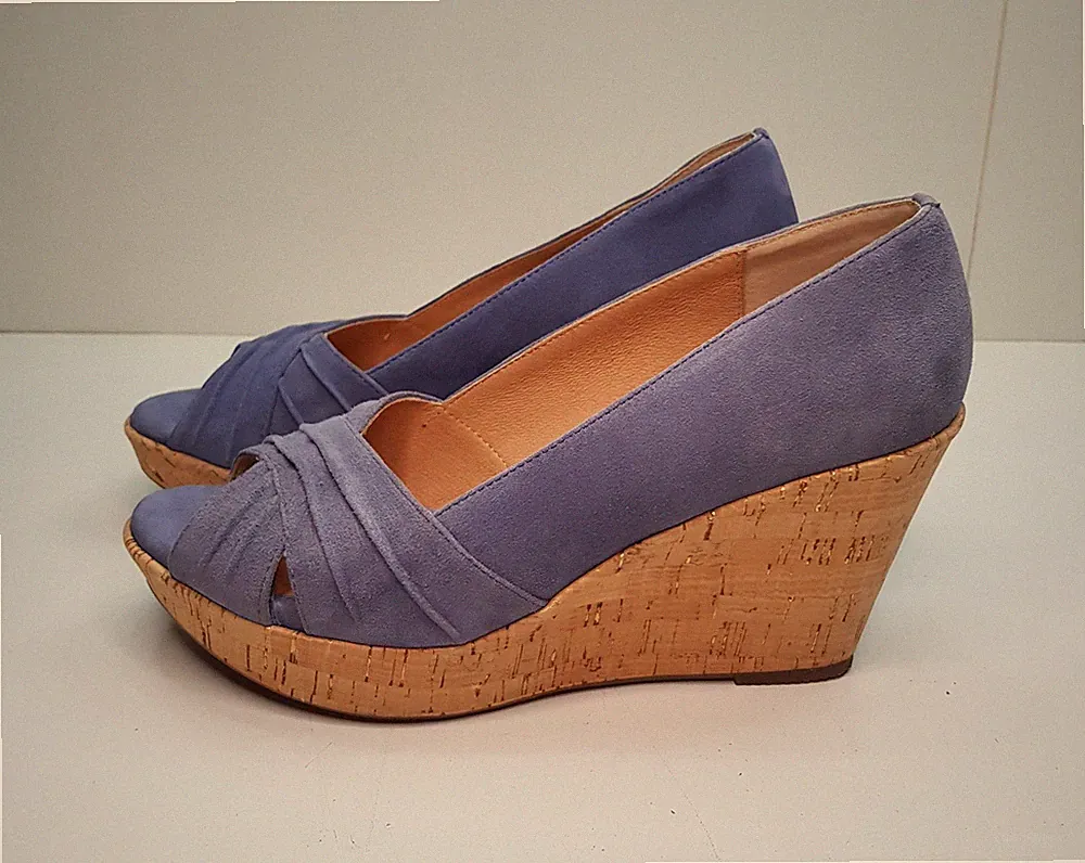 SOFFT GRÖSSE 5,5 UK EU38,5 DAMEN BLAU VELOURSLEDER KORK KEILABSATZ PEEPTOE SANDALEN SCHUHE