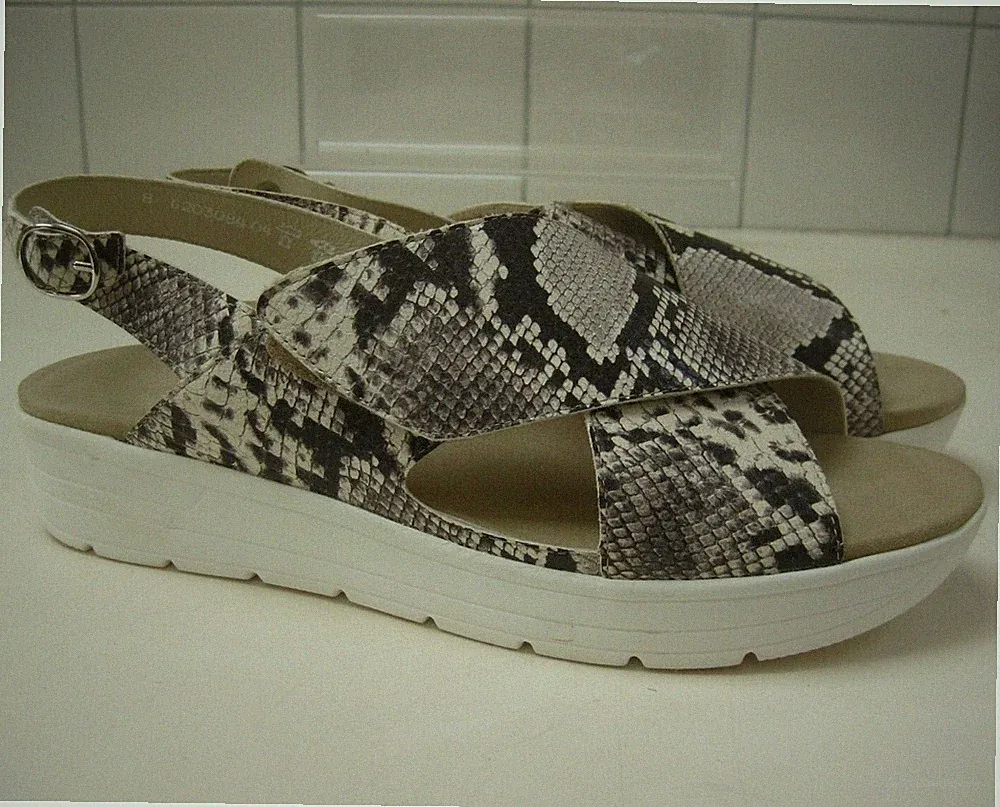 SOLIDUS PLATEAU SANDALEN 8 Keil Pantoletten grau mokassin Kroko Schlangenprint Leder robust