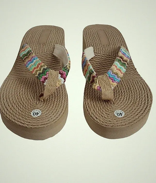 Sommer Damen KeilabsatzSandalen Plateau Zehentrenner mit Stroh Optik Flops 40