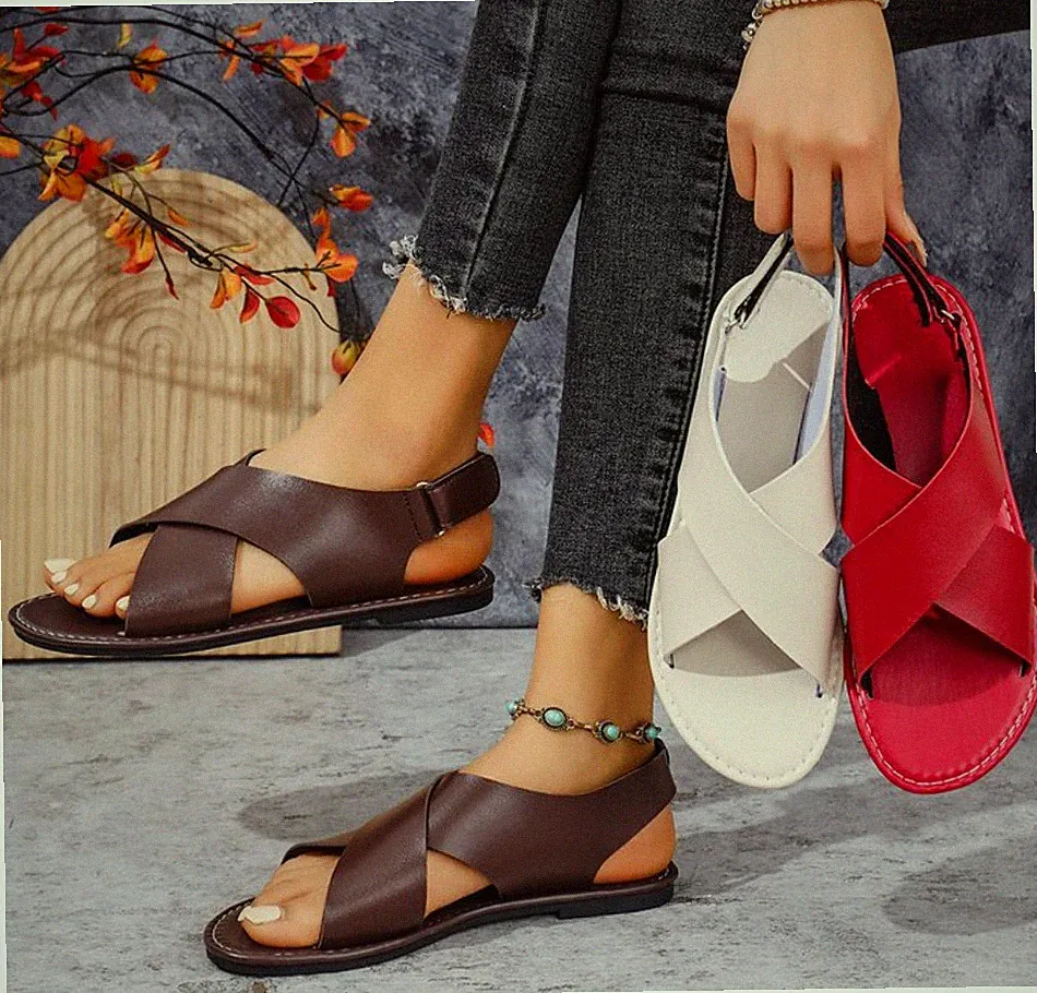 Sommer Damen Sandalen Flache Kreuzriemen Knöchelverschluss Offene Zehen Schuhe