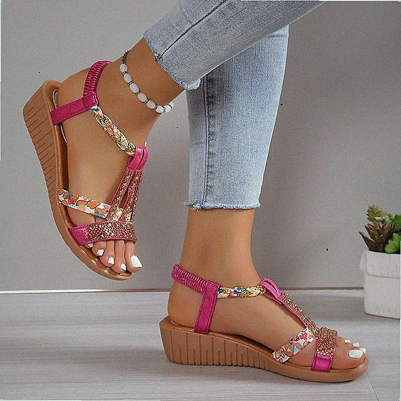 Sommer Damenslippers Bohemia Schuhe Rhinestone Knöchelriemen Keilabsatz Sandalen