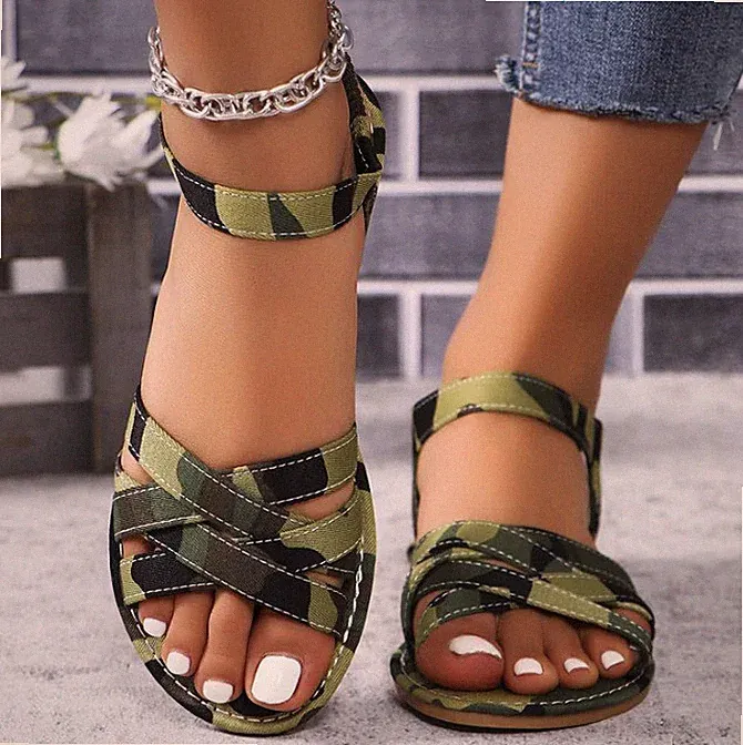 Sommer Flache Kreuzriemen Offene Zehen Schuhe Knöchelverschluss Damen Sandalen