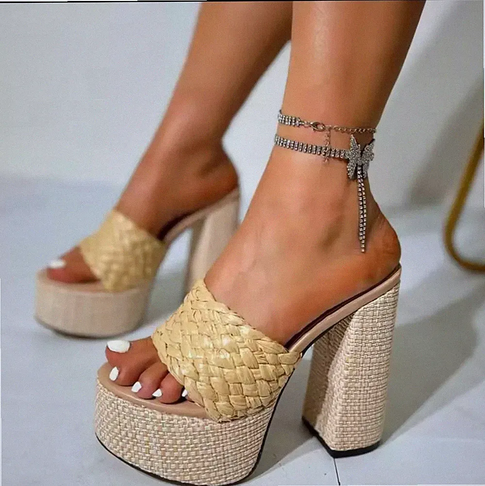 Sommer Keilabsatz mit 15 cm hohem Absatz und geflochtenem Band beige elegant CF44187