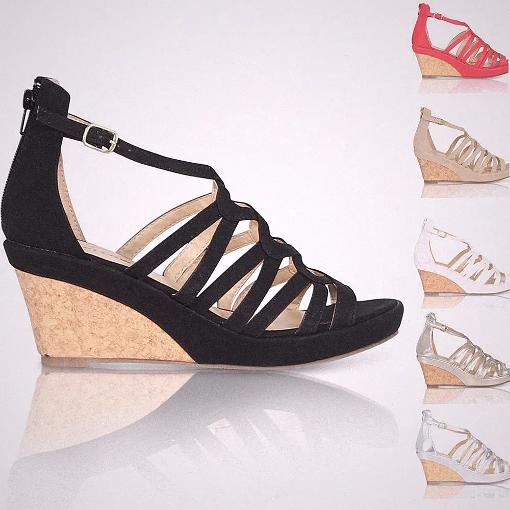 SOMMER PLATEAU KEILABSATZ URLAUB DAMEN SANDALEN CUT OUT GLADIATOR SCHUHE