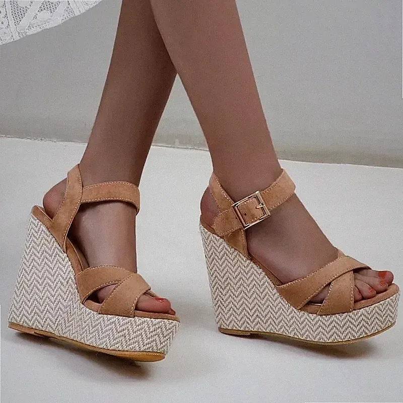 Sommer Sandalen Keilabsatz Kordel Beige Natur Verstellbarer Riemchen 12,5 cm CF9X2C