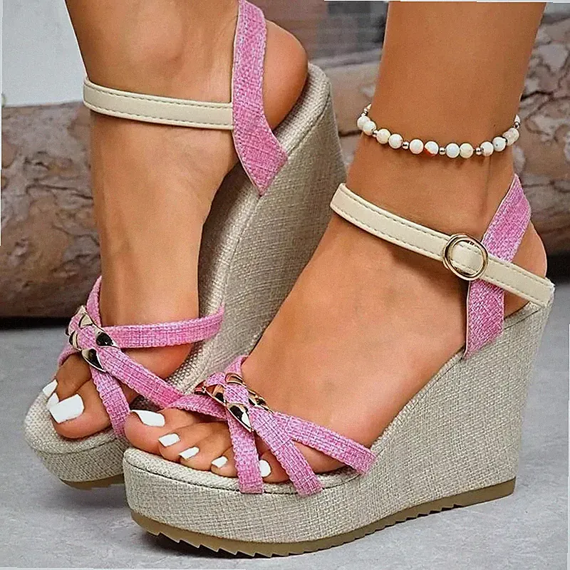 Sommer Sandalen Keilabsatz Kordel Rosa Verstellbarer Riemchen Mittlerer Absatz CF14X2C