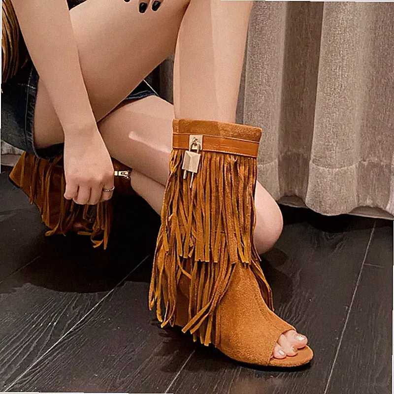 Sommerstiefel Keilabsatz 9 cm braun hohe Spitzen Kunstleder Wildleder 58689