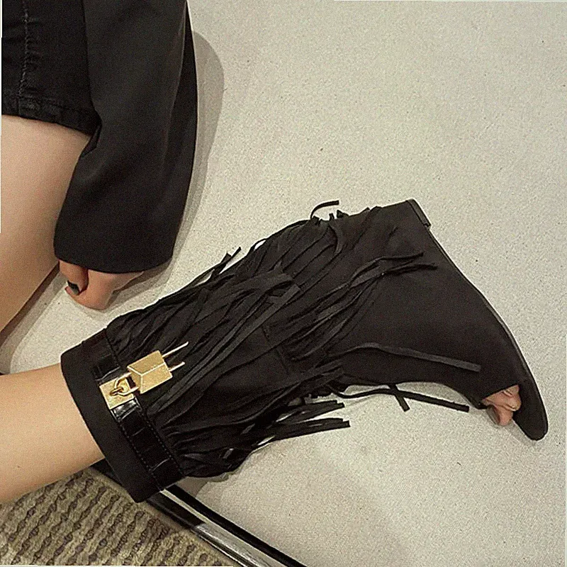 Sommerstiefel Keilabsatz 9 cm schwarz hohe Spitzen Kunstleder Wildleder 58689