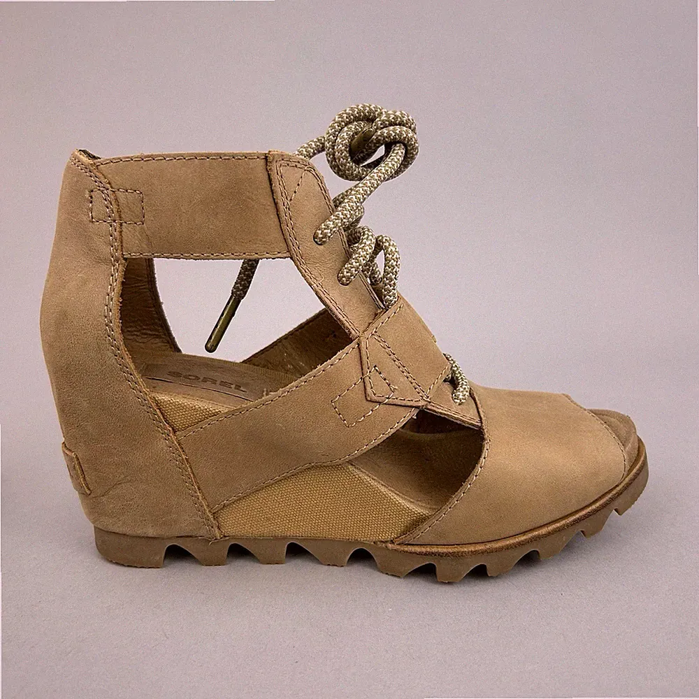 Sorel Joanie elegante Boho-Sandalen Spitze hellbraun Leder offene Zehenpartie Keilabsatz Schuhe UK5