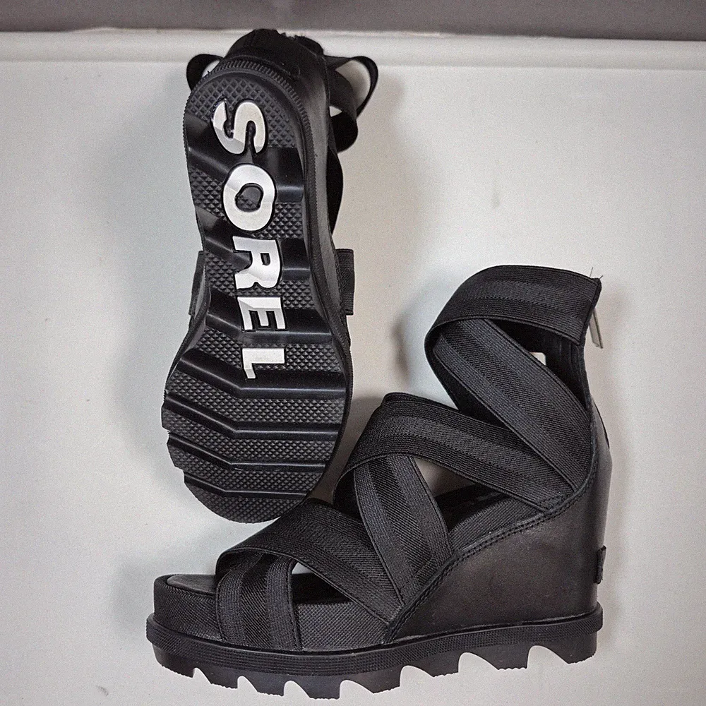 Sorel Joanie II size 5 Womens Black Wedge Platform Gladiator Sandals Zip Up...