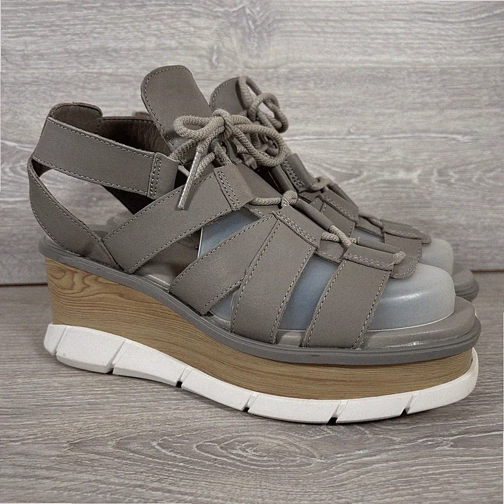 Sorel Joanie III Sandalen Größe UK 7 grau Leder offene Zehenpartie Keilabsatz Boho-Absätze Schuhe