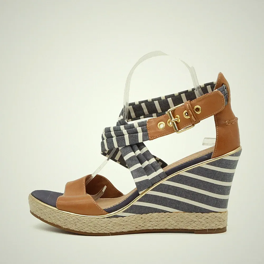 Sperry Damen Sandalen EU 39 Top-Sider Blau Braun Weiß Textil Leder Wedges