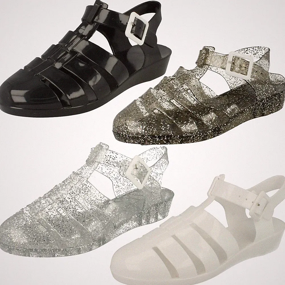 SPOT ON Damen Casual Jelly Sandalen Mit Knöchelriemen, Schwarz Glitzer