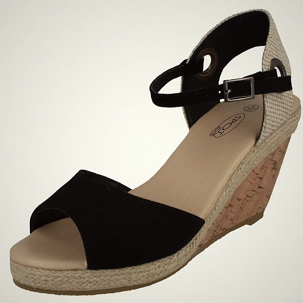 Spot On Damen Kork Keilabsatz Sandalen Plateau Mit Schnalle Schwarz Nude