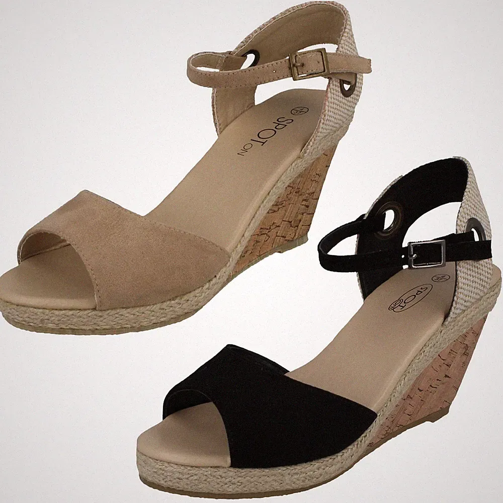 Spot On Damen Kork Keilabsatz Sandalen Plateau Mit Schnalle Schwarz Nude