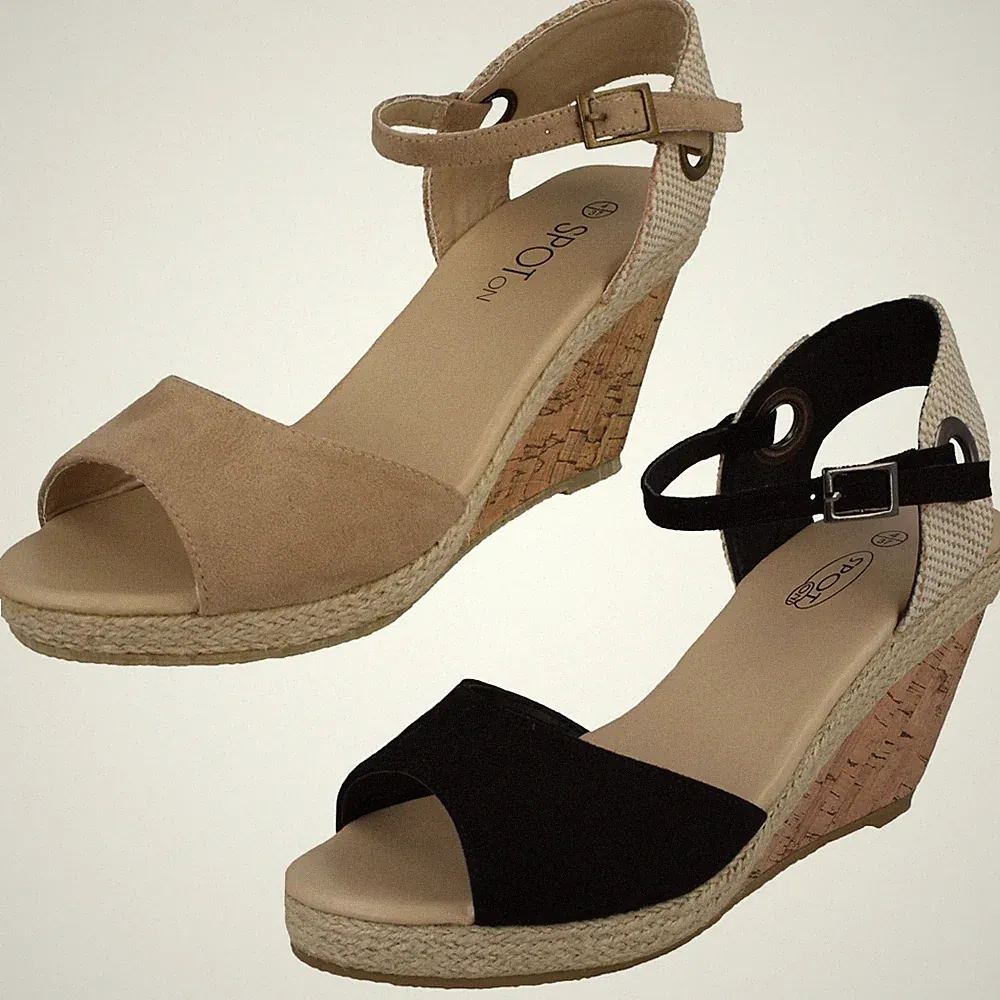 Spot On Damen Kork Keilabsatz Sandalen Plateau Mit Schnalle Schwarz Nude