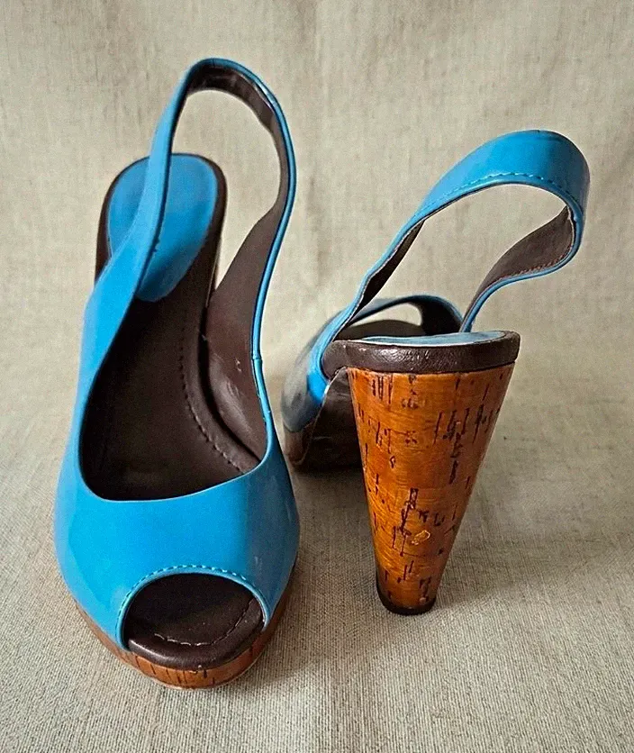 STEFANEL Schuhe Slingback Keilsandaletten Peeptoe | Blau Lack | Gr. 37
