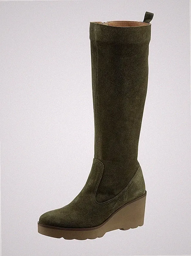 Stiefel grün 37 Damen Heine Veloursleder Keilabsatz oliv UVP: 159€ 6.895