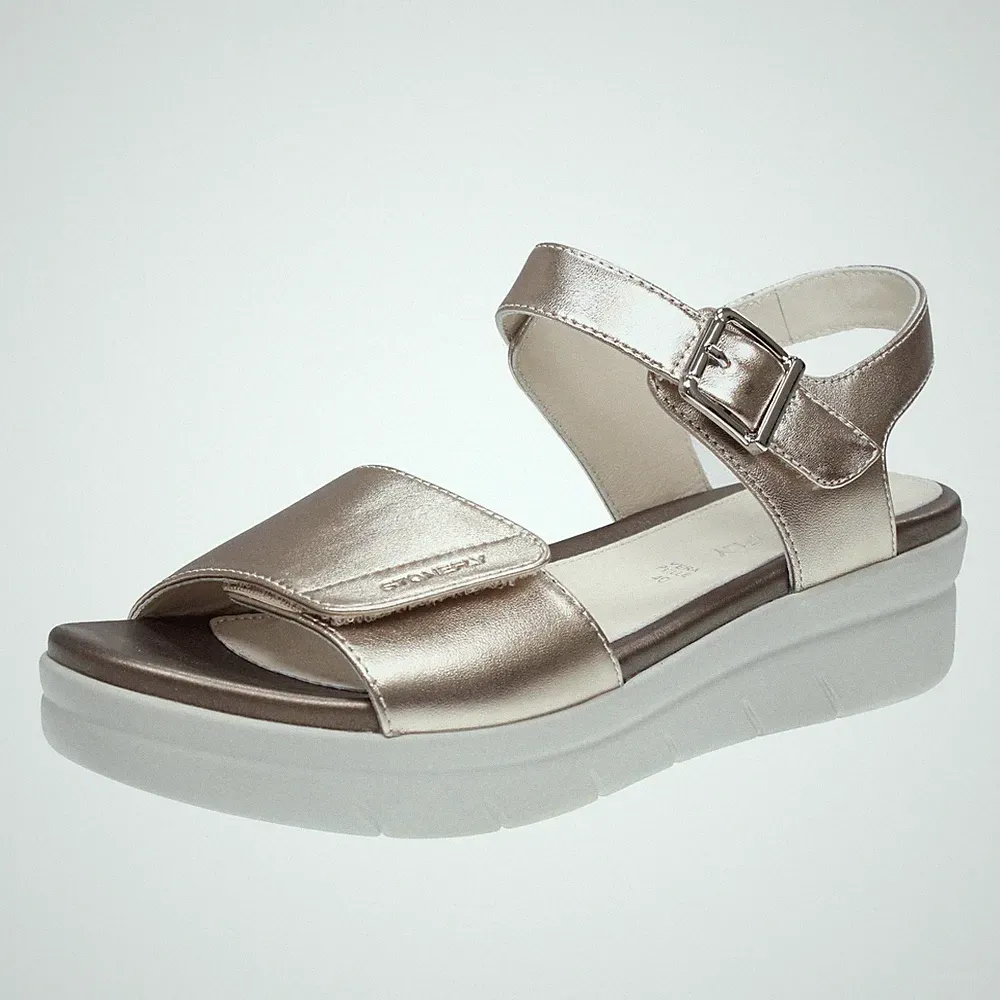 Stonefly Aqua Iii - Leder Sandalen mit goldenem Keilabsatz - Damen Schuhe Sandalen