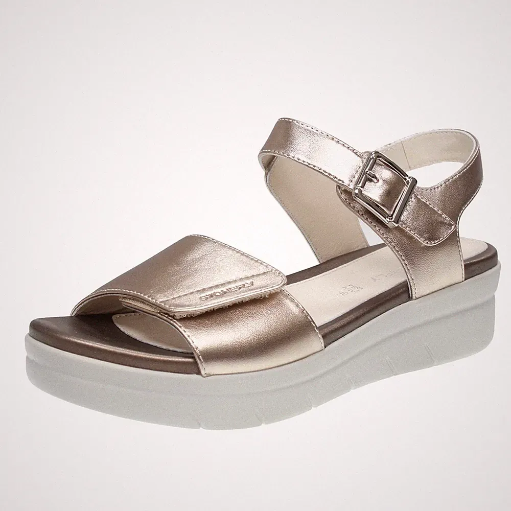 Stonefly Aqua Iii - Leder Sandalen mit goldenem Keilabsatz - Größe 40 [26,5 cm] Schuhe