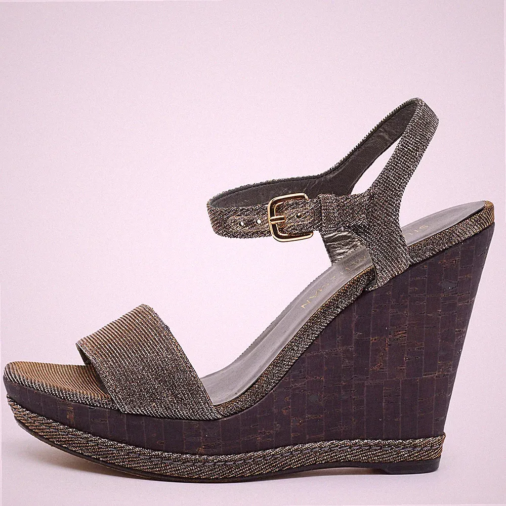 Stuart Weitzman Gr. 39 Silber Gold Glitzer Keilabsatz Sandalen