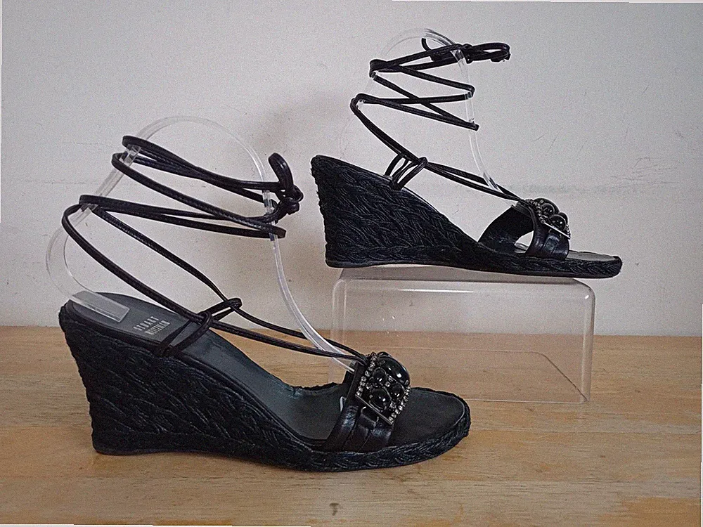 Stuart Weitzman schwarze Espadrille-Riemchen-Gladiator-Keilabsatz mit Diamanten Größe 5,5
