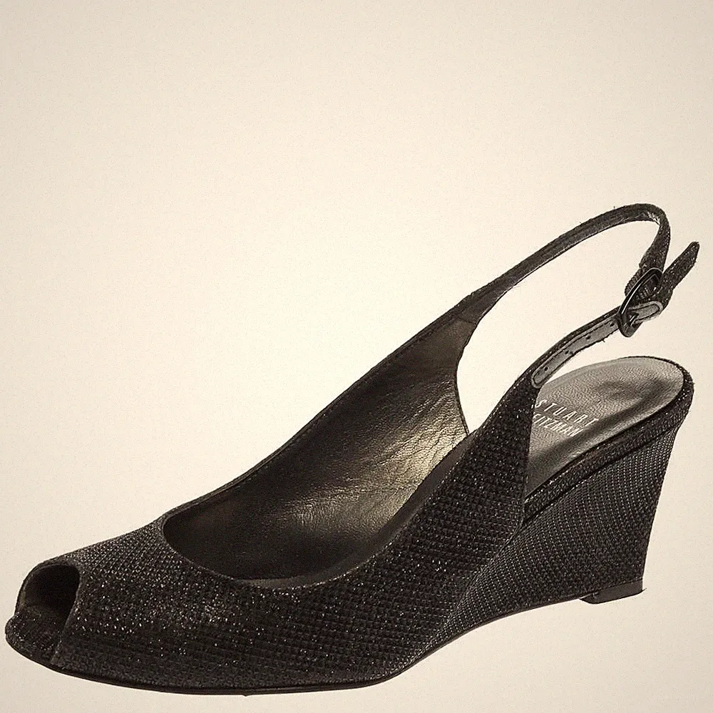 Stuart Weitzman schwarze Glitzer Stoff Slingback Keilabsatz Sandalen Größe 36
