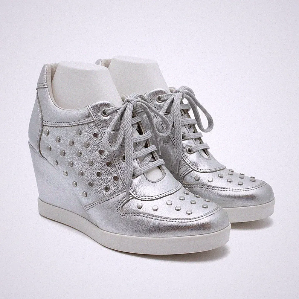 Studio W Sneaker Wedges Silber 40 Leder Keilabsatz Turnschuhe Damen Metallic