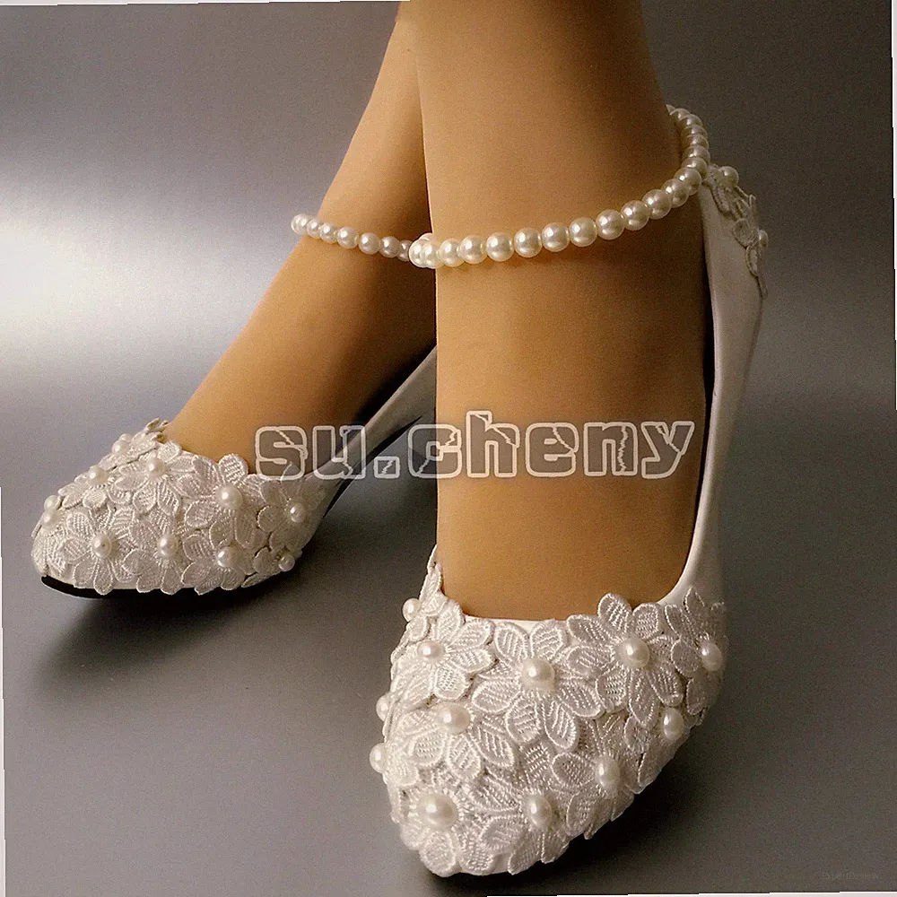 Su.cheny 2 " 3 " Keilabsatz Weiß Spitze Perlen Pumps Hochzeit Brautschuhe Größe