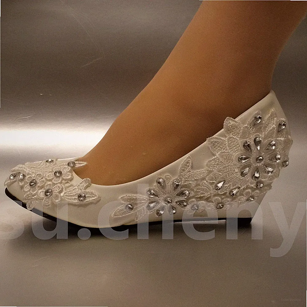 Su.cheny 2 " Weiß Elfenbein Keilabsatz Spitze Blumen Crystal Hochzeit Braut