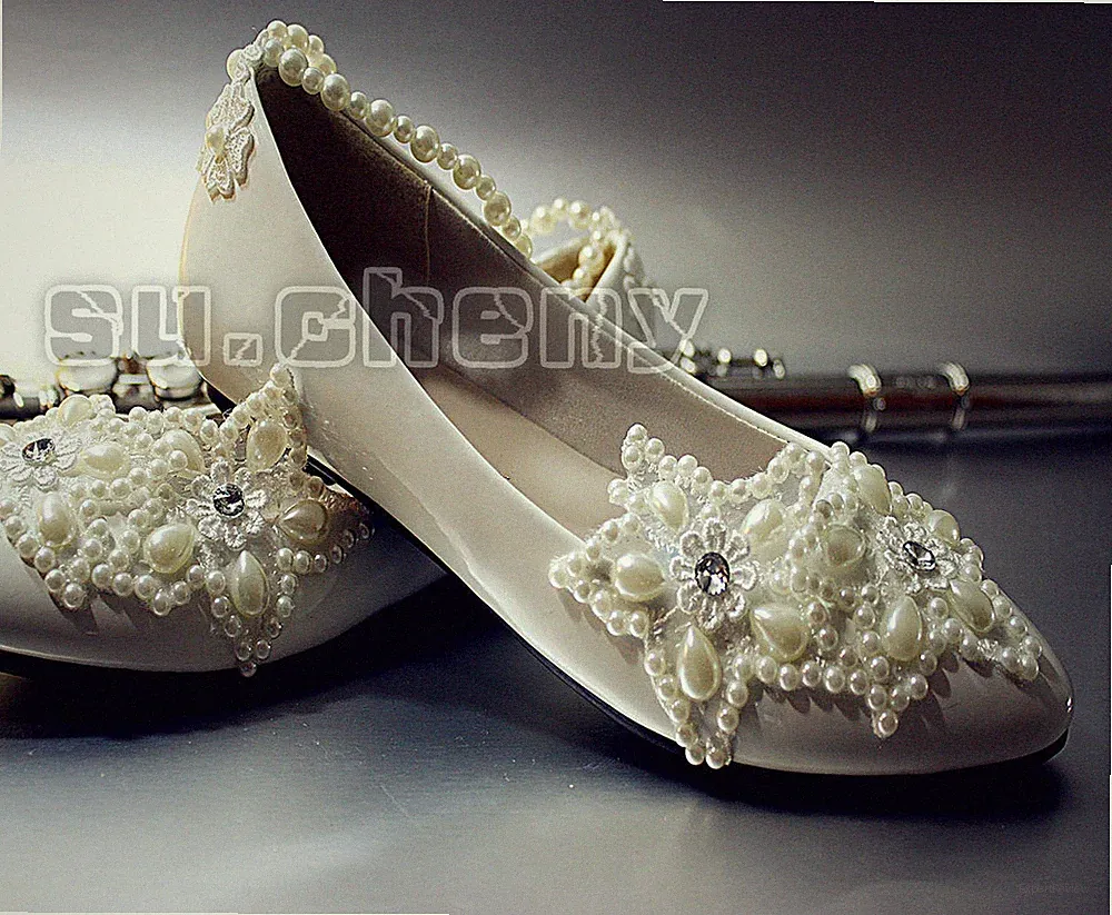 Su.cheny Elfenbeinweiß Spitze Perle Strass Flach Keilabsatz Hochzeit Schuhe 5-13