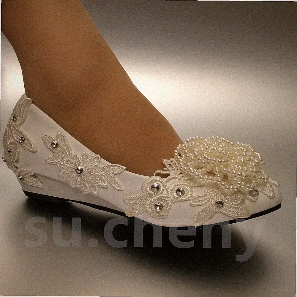 Su.cheny Keilabsatz Perlweiß Elfenbein Spitze Blumen Strass Hochzeit Brautschuhe
