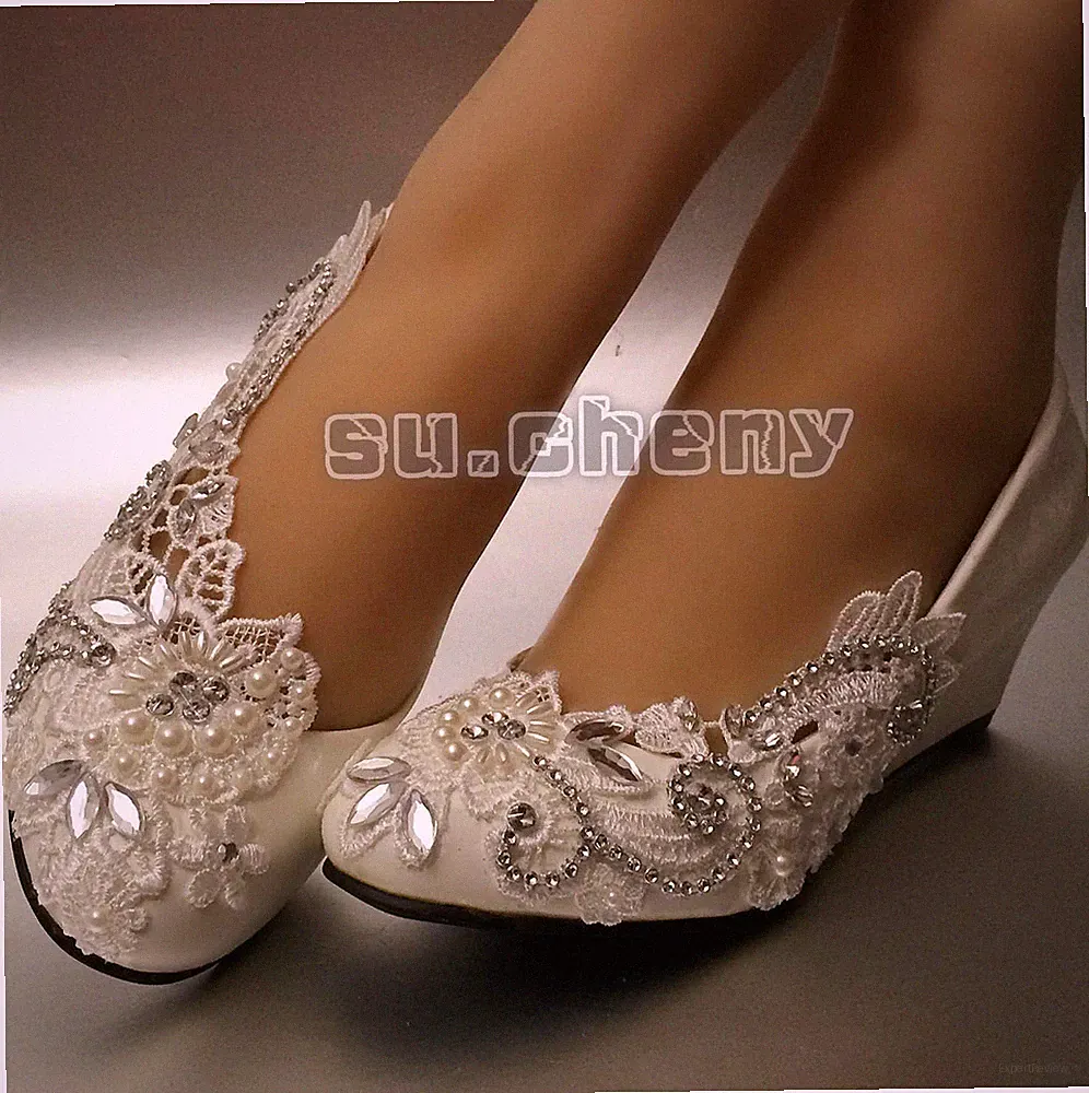 Su.cheny Weiß Elfenbein Spitze Perle Strass Flach Absatz Keil Hochzeit Schuhe