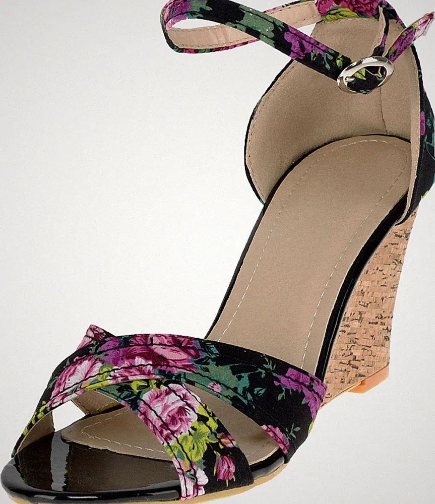 Süße Vintage FLORAL Rosen Riemchen Keilabsatz Sandalen WEDGES Rockabilly