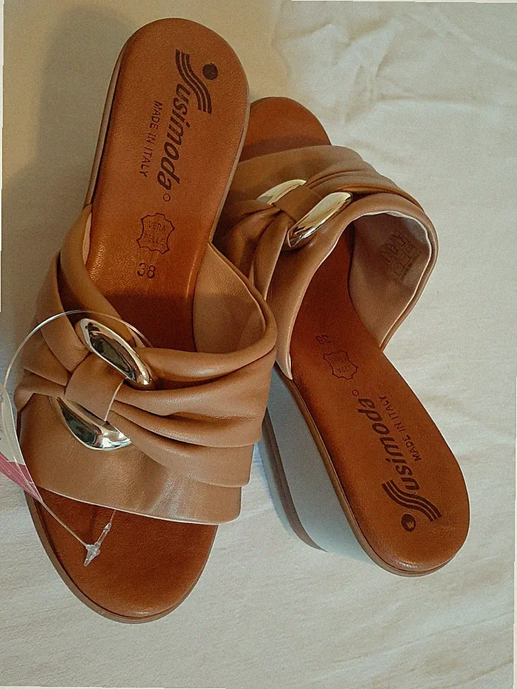 SUSIMODA Sabot Sandalen 11460/046 Nappa Camel Keilabsatz Daunen Gel Damen Gr. 38 NEU