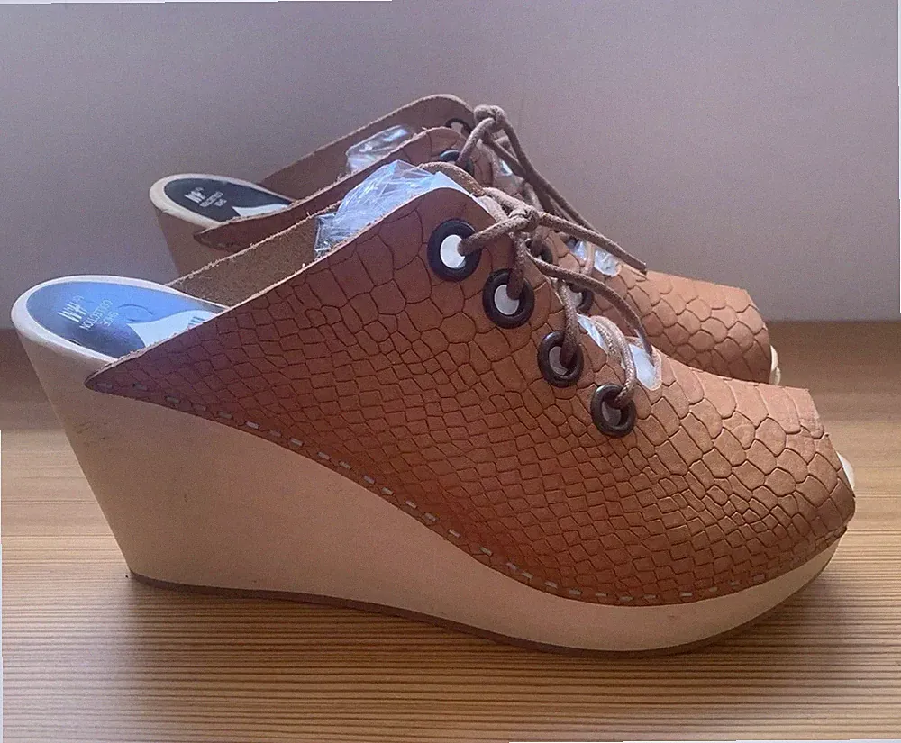 Swedish Hasbeens for H&M Clogs Gr. 40 Leder Plateau Keil Sandalen Wedges Braun