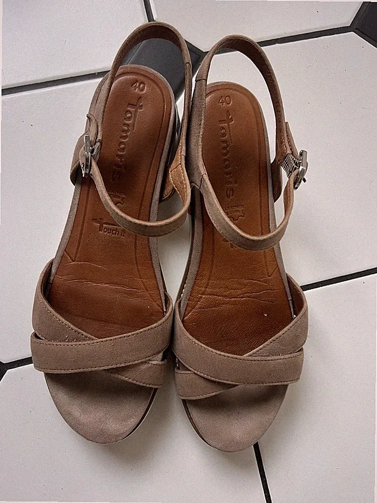 Tamaris 40 Sandalen Beige Braun Taupe Leder Wedges