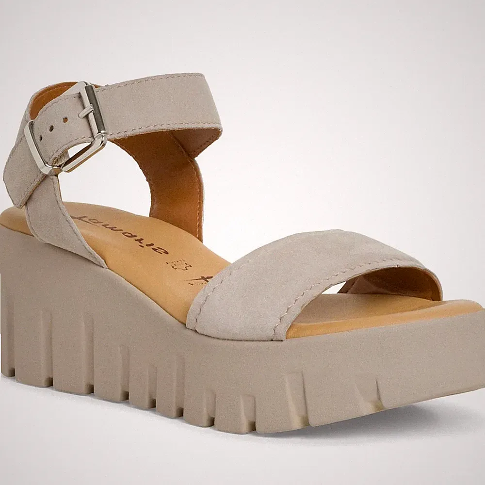 Tamaris Damen Beige Keilabsatz Ledersandalen Peeptoe Freizeit 28712-378
