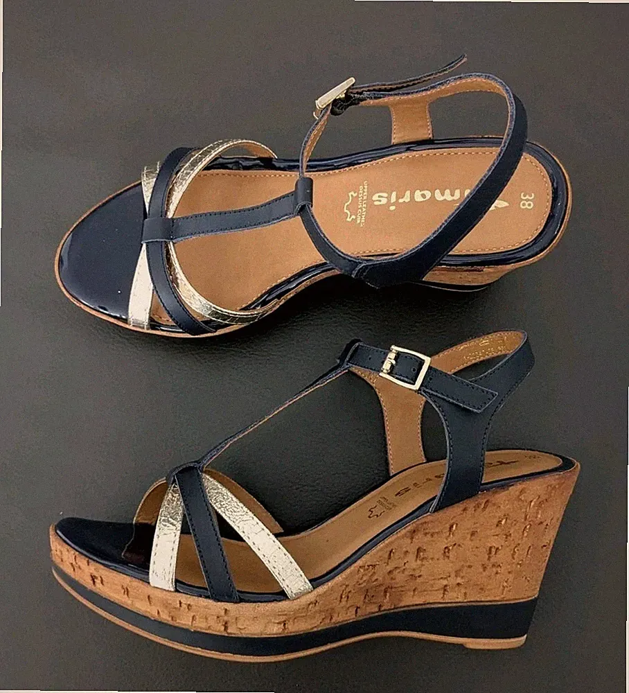 Tamaris Damen Keilsandalen Sandaletten Leder Blau/Gold Gr.38 Neu