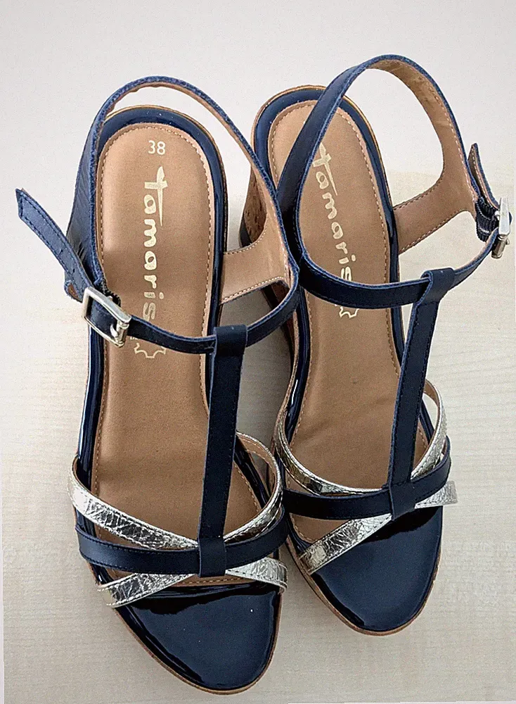 Tamaris Damen Keilsandalen Sandaletten Leder Blau/Gold Gr. 38 Neu