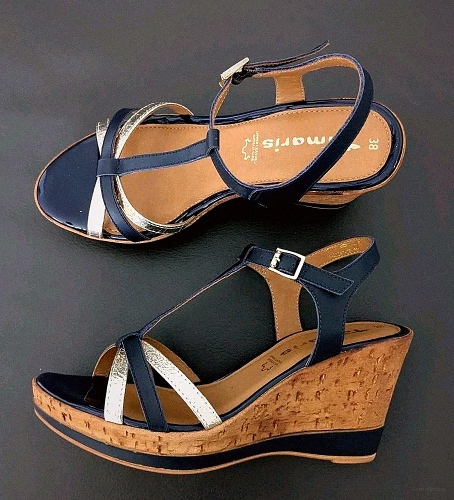 Tamaris Damen Keilsandalen Sandaletten Leder Blau/Gold Gr. 38 Neu
