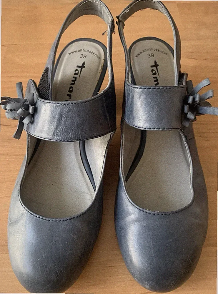 Tamaris Damen Leder Slingback Pumps EU 39 Blau Schleife Keilabsatz