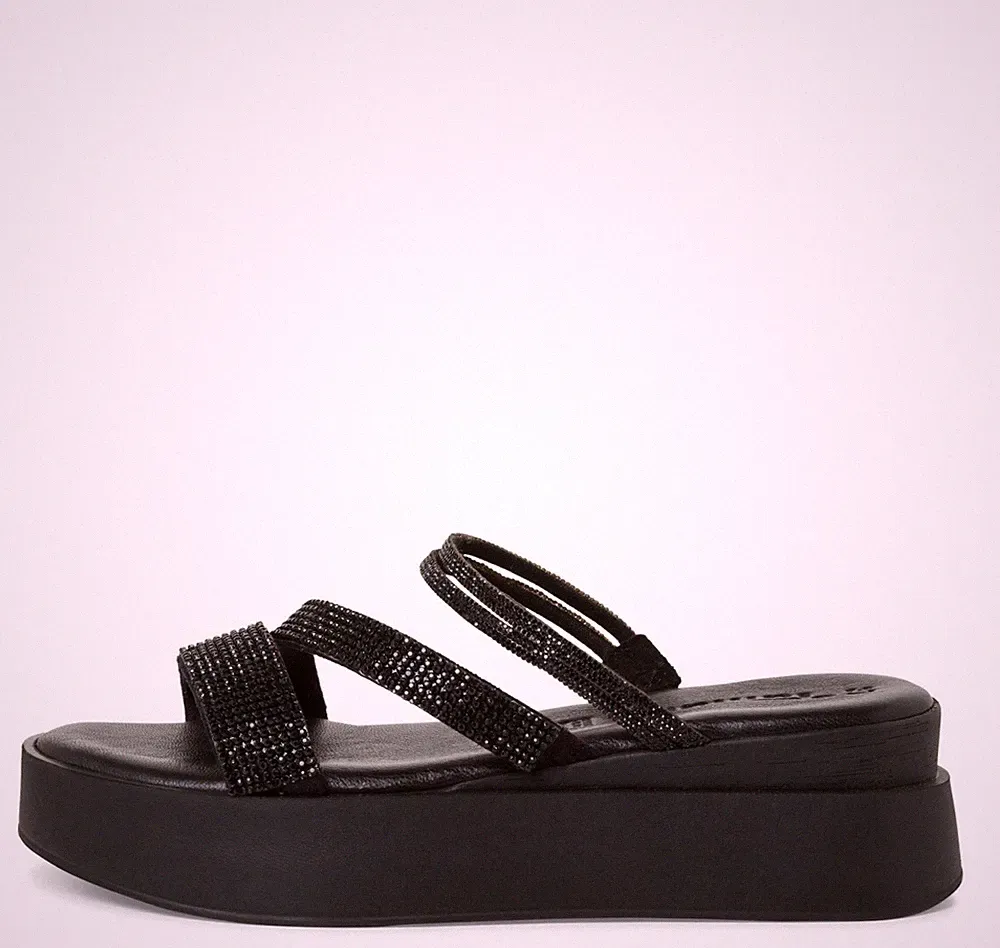 Tamaris Damen Pantoletten 27222 Schwarz Glitzer - mit Lederfußbett & Keilabsatz