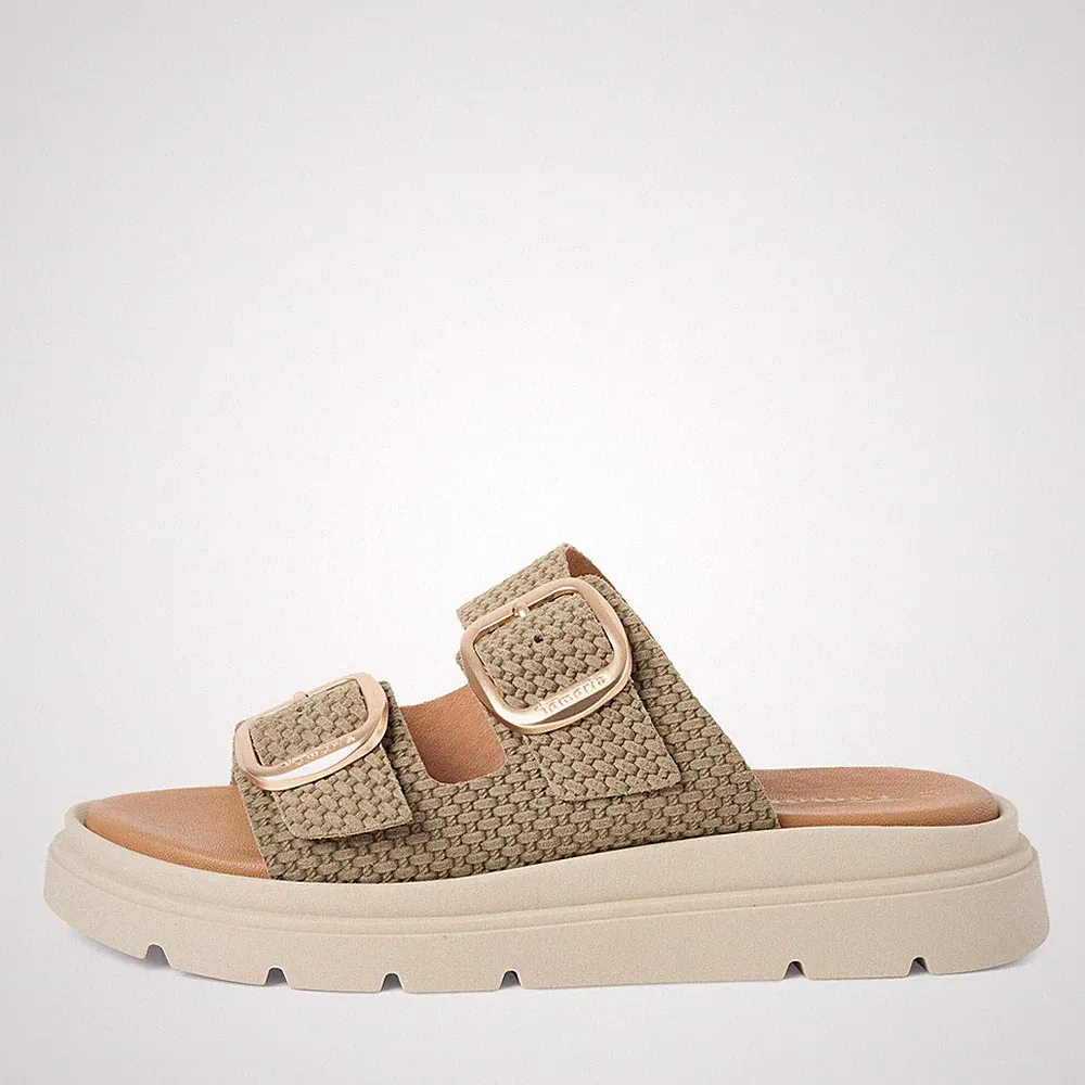Tamaris Damen Pantoletten 27239 Olive Khaki - Lederpantoletten Fußbett Schnallen