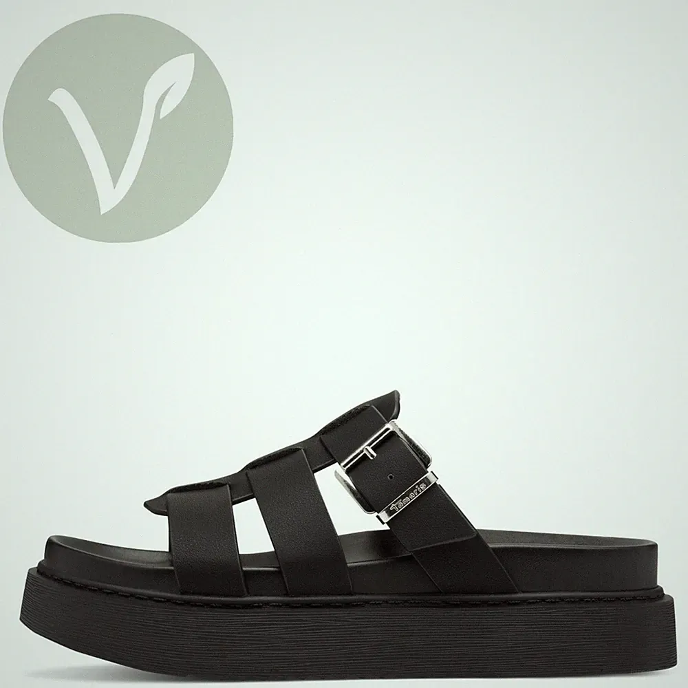 Tamaris Damen Pantoletten 27414 Schwarz - Vegan mit Plateausohle, Keilabsatz