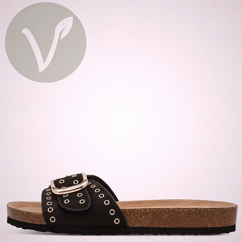 Tamaris Damen Pantoletten 27418 Schwarz – Vegan Fußbett Klettverschluss Nieten