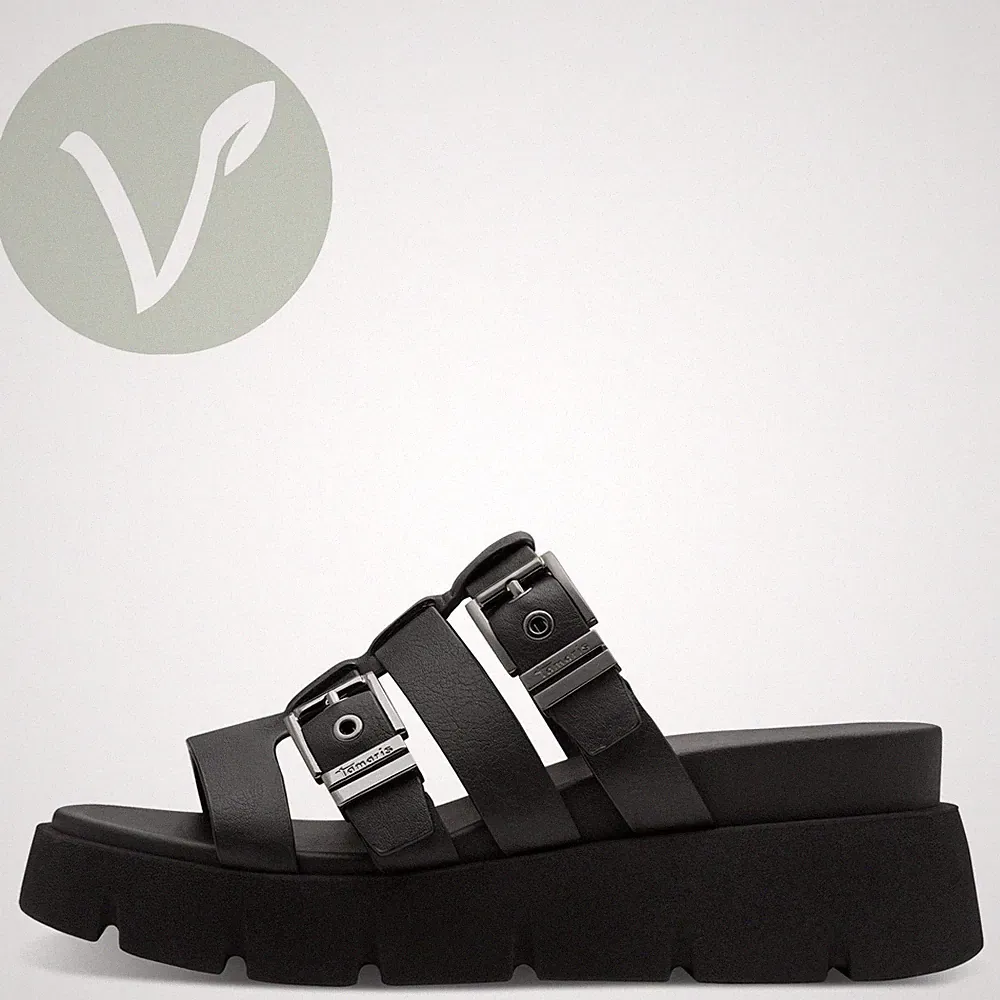 Tamaris Damen Pantoletten 27512 Schwarz - Vegan, bequeme Passform, Keilabsatz