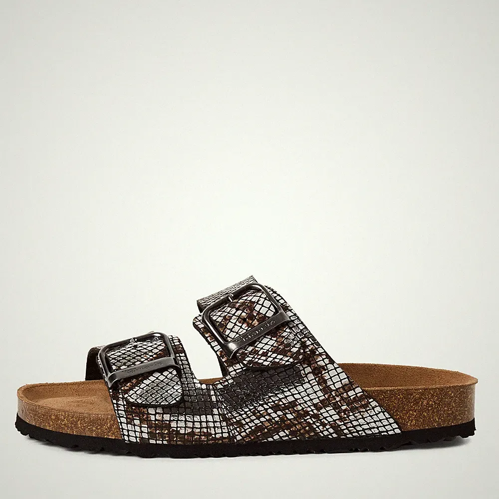 Tamaris Damen Pantoletten 27523 Schwarz Snake - Lederinnensohle Fußbett