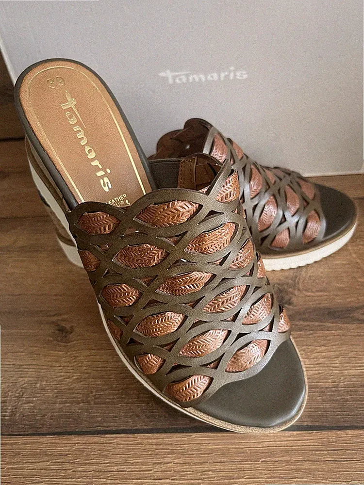 Tamaris Damen Pantoletten Keilsandalen Leder Lederfußbett, Keilabsatz