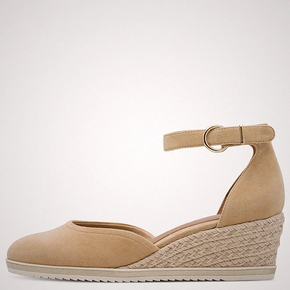 Tamaris Damen Pumps 22309 Beige Tan - Leder Keilabsatz Fußbett Spangenpumps